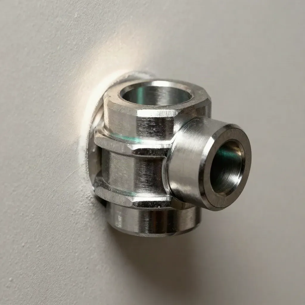 Close-up van aluminium koppelstuk met afstandsringen en stalen huls op licht pleisterwerk.