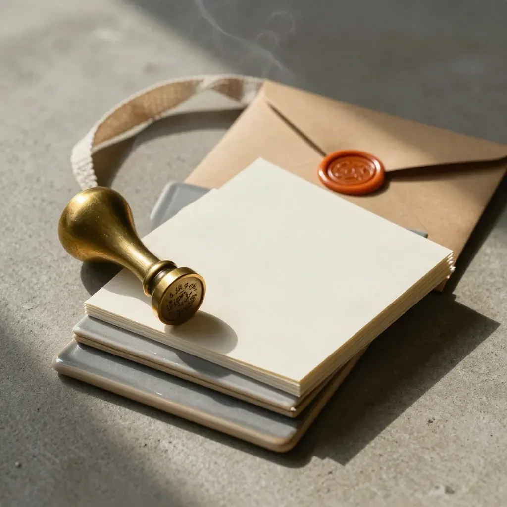 Matte keramische onderzetters, messing stempel en envelop op warm beton met linnen lint.