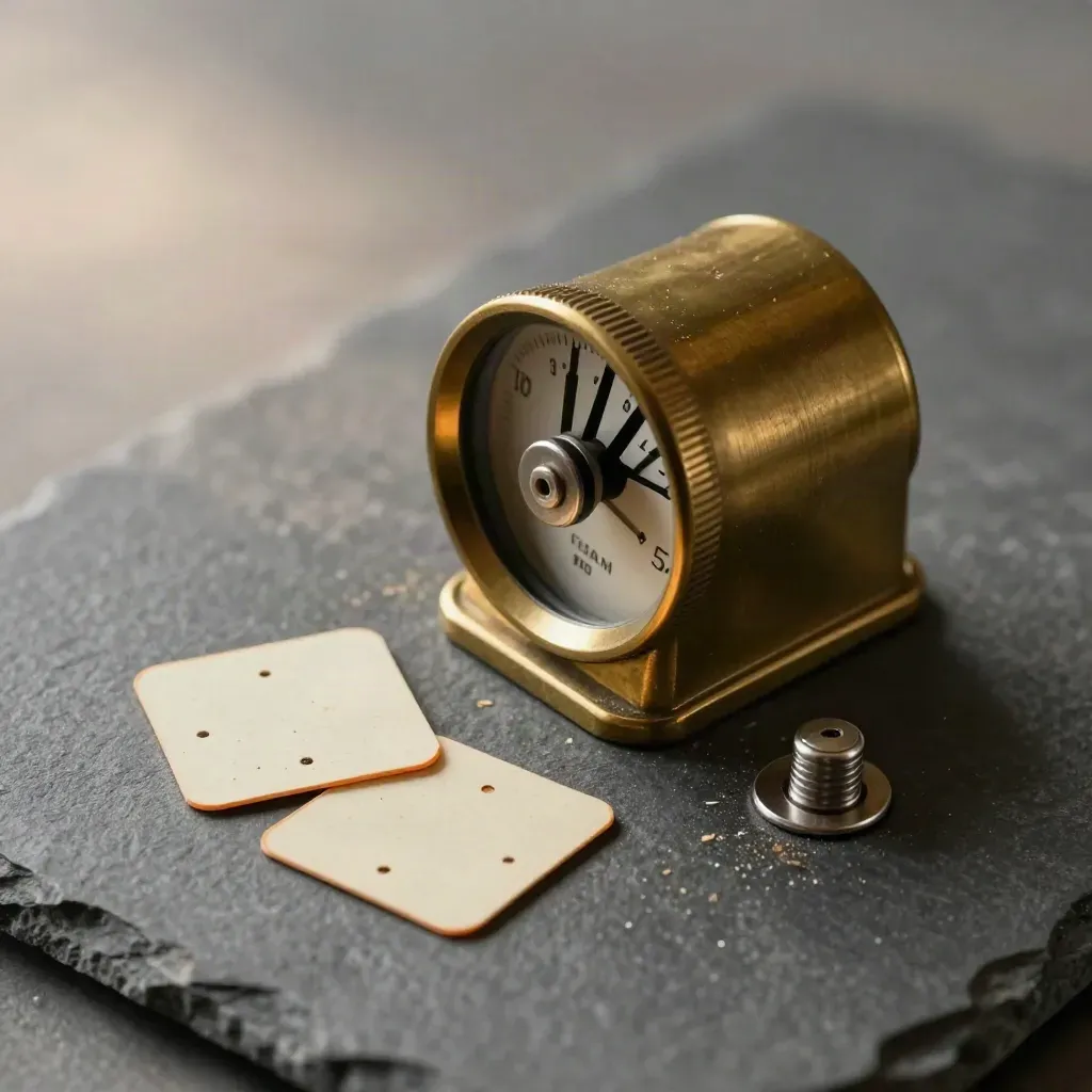 Brass tally counter met twee reactiekaartjes en een klein metalen voetje op grafietsteen