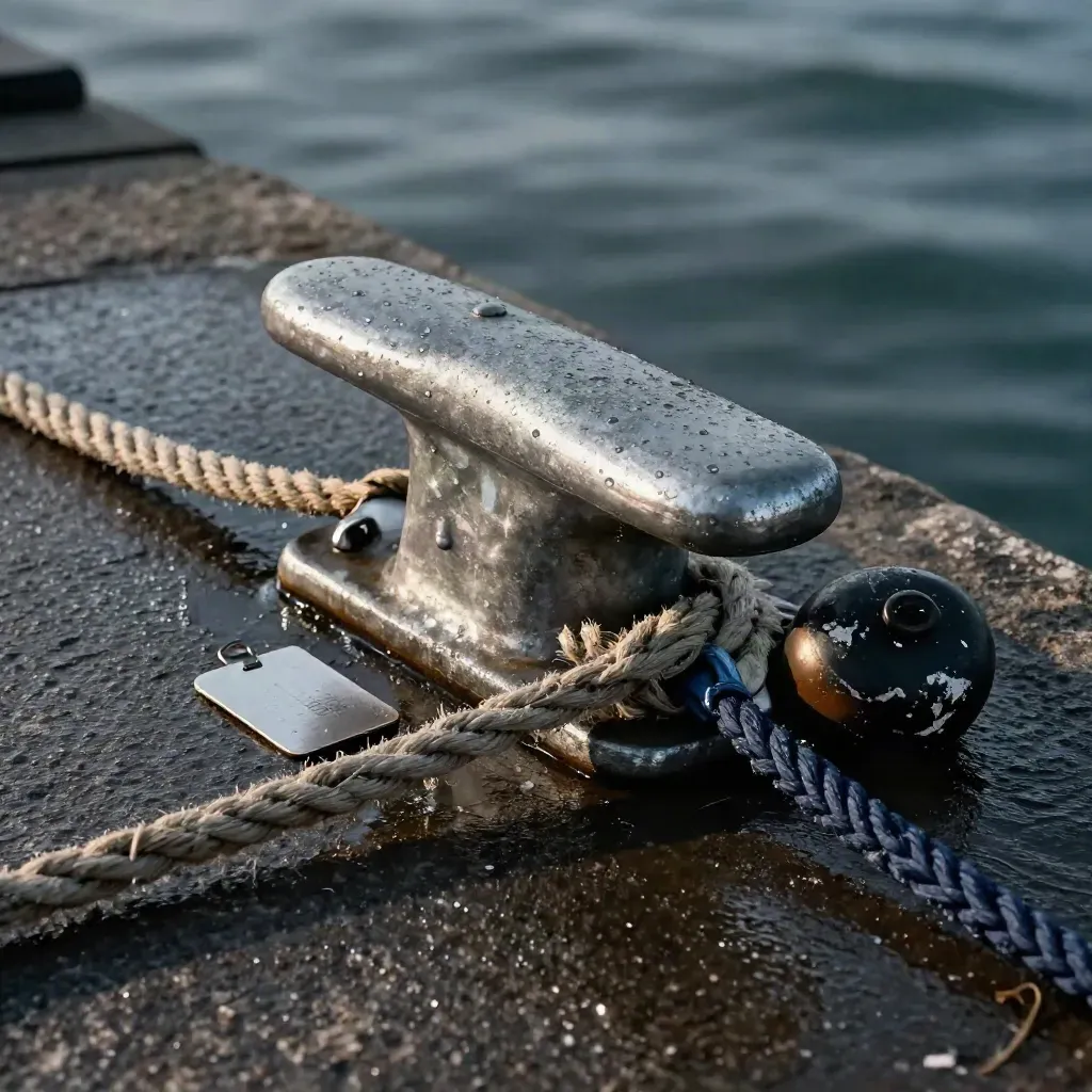 Galvaniseerde bolder, touw, rubberen stootwil en taghouder op natte kade