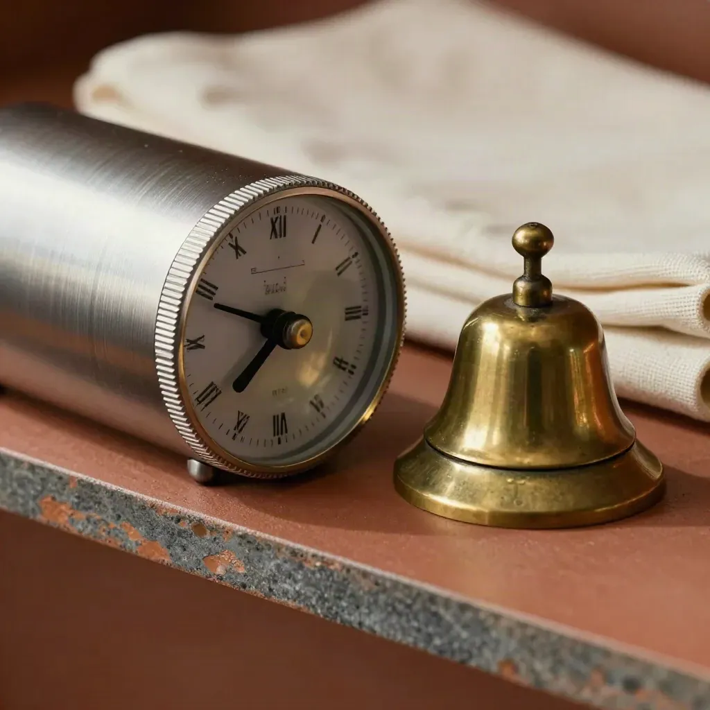 Brushed stalen timer, koperen bel en gevouwen linnen op een terracotta oppervlak