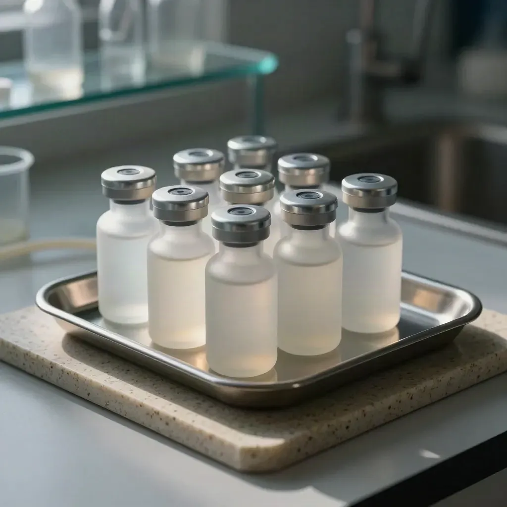 Frosted glazen vials en metalen doppen op een RVS tray in een steriele labomgeving.