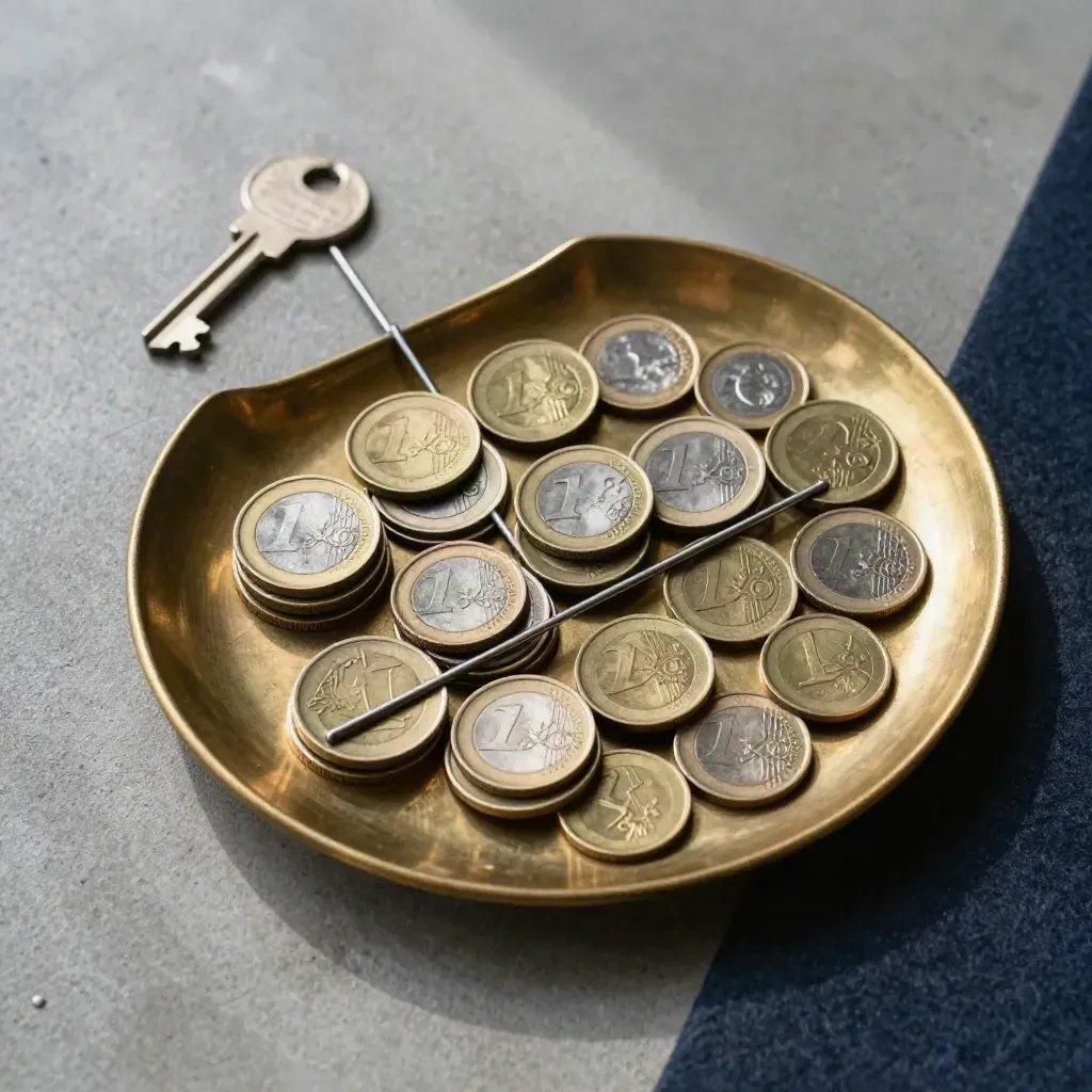 Bovenaanzicht van muntjes, een messing telbak en metalen spacers op koel beton.