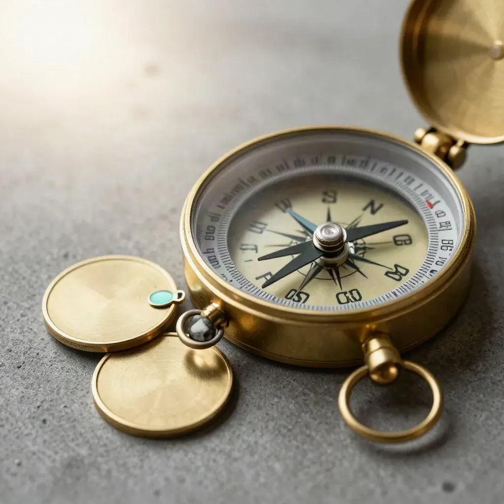 Brass kompas met drie locatie-token en een stenen pin op een grijze ondergrond.