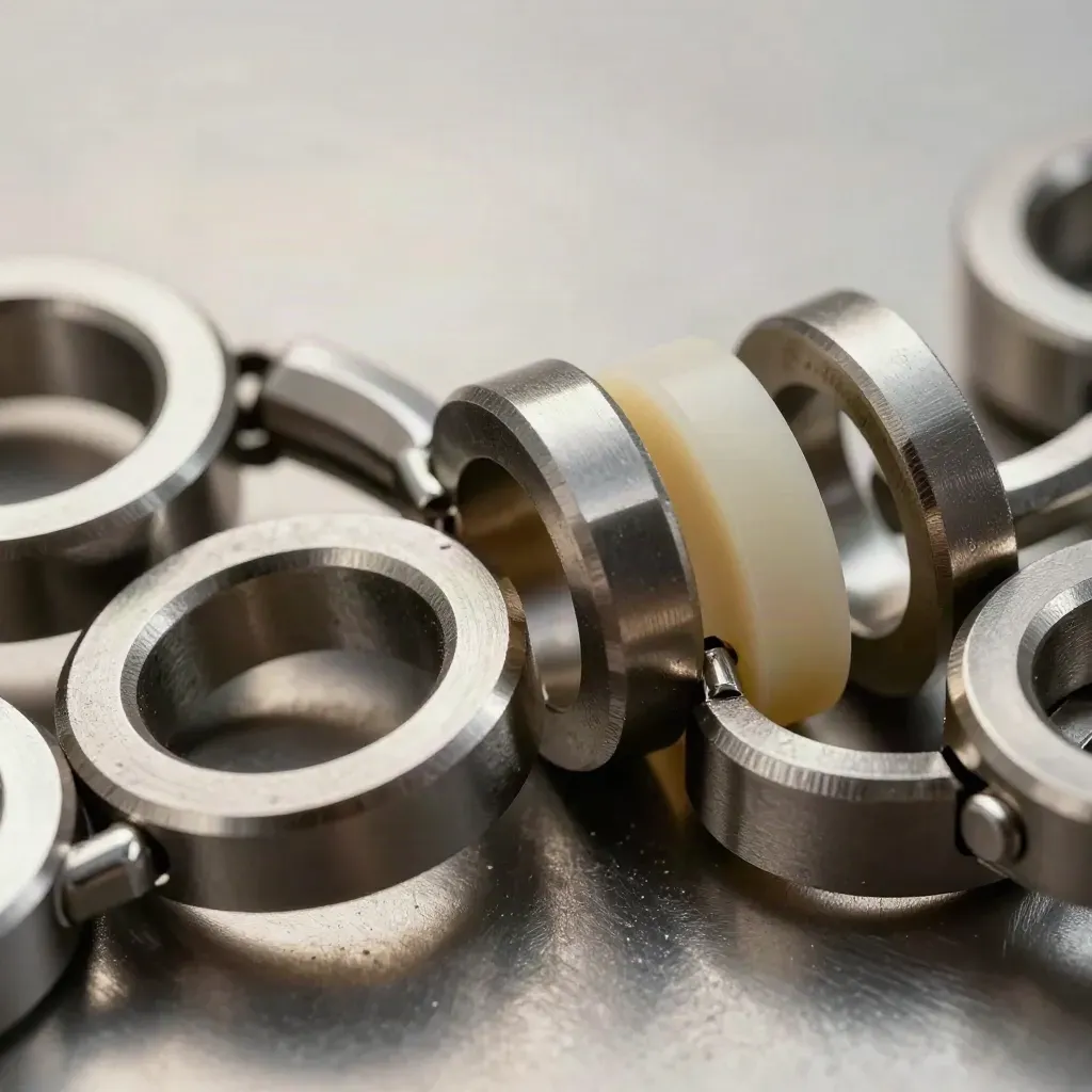 Macro van metalen ringen en een precisie-connector op geborsteld metaal.